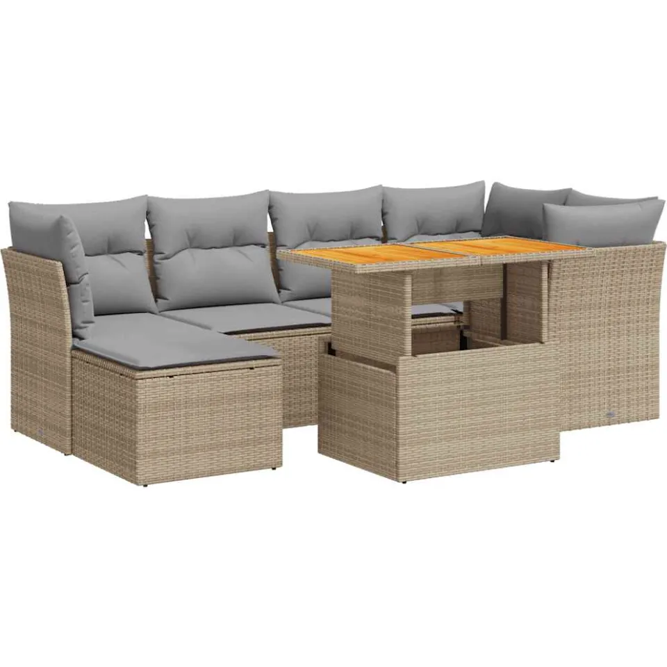 vidaXL 7-delige Loungeset met kussens poly rattan beige, foto 3