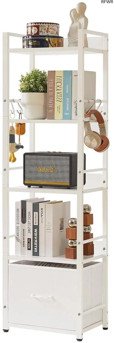 RFWR 5-laags boekenplank met lade - Multifunctionele plantenstandaard voor woonkamer, slaapkamer, en keuken - Stalen frame, wit