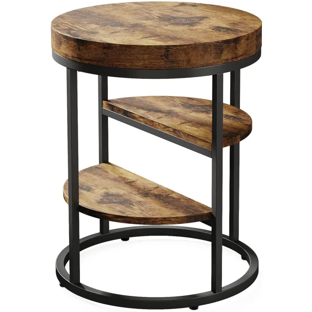 ITRONIQ Ronde Bijzettafel 50 CM - Industriële Side Table Met 3 Opbergplanken - Bijzettafel Voor Woonkamer en Bank - Hout Zwart Bruin