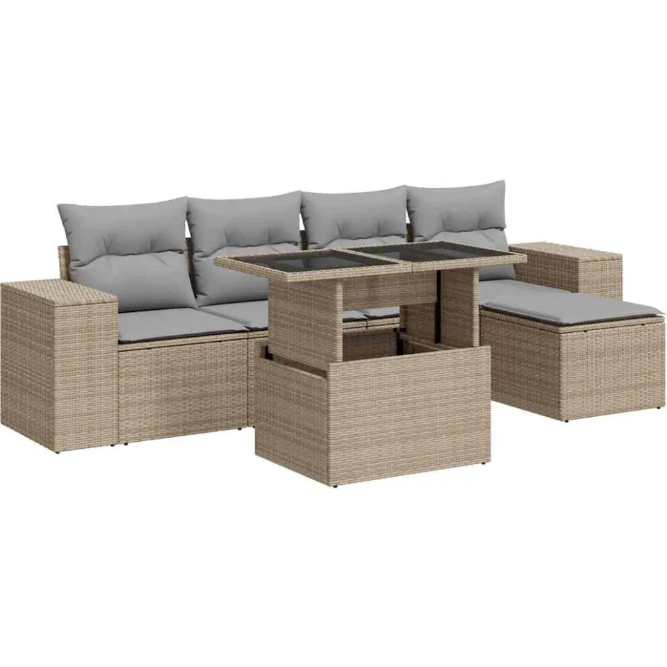 vidaXL 6-delige Loungeset met kussens poly rattan beige, foto 3