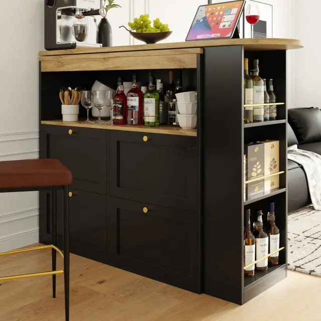 COVREO Buffetkast 138 x 39 x 102 cm - 360 graden draaibaar, 4 lades, open vakken, zwart