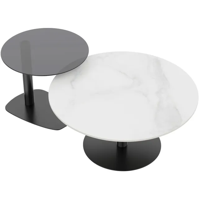 Mura Logistiek Mura Salontafel - Bijzettafel - Koffietafel - Coffee Table - Set Van 2 - Stenen Blad - Glazen Blad - Metalen Frame - Wit+Grijsglas