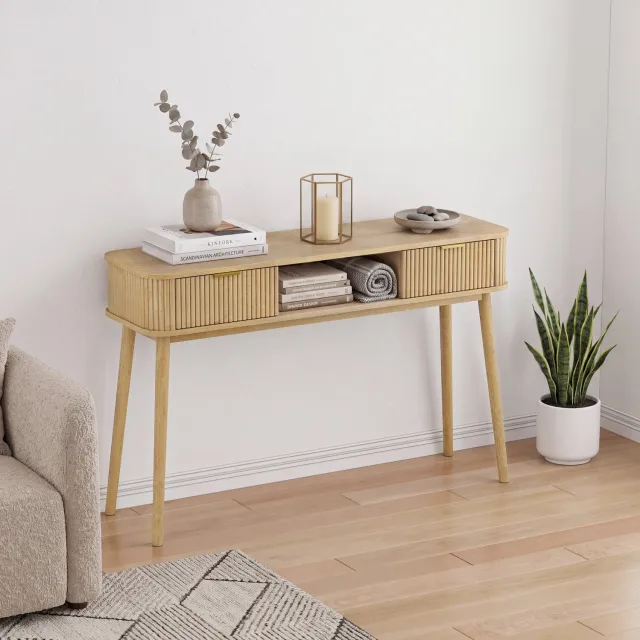 OKWISH Sidetable - 2 Lades en Open Opbergvak - Voor Hal en Woonkamer - MDF, Spaanplaat en Hout in Eikenlook - 120 x 35 x 77,5 cm
