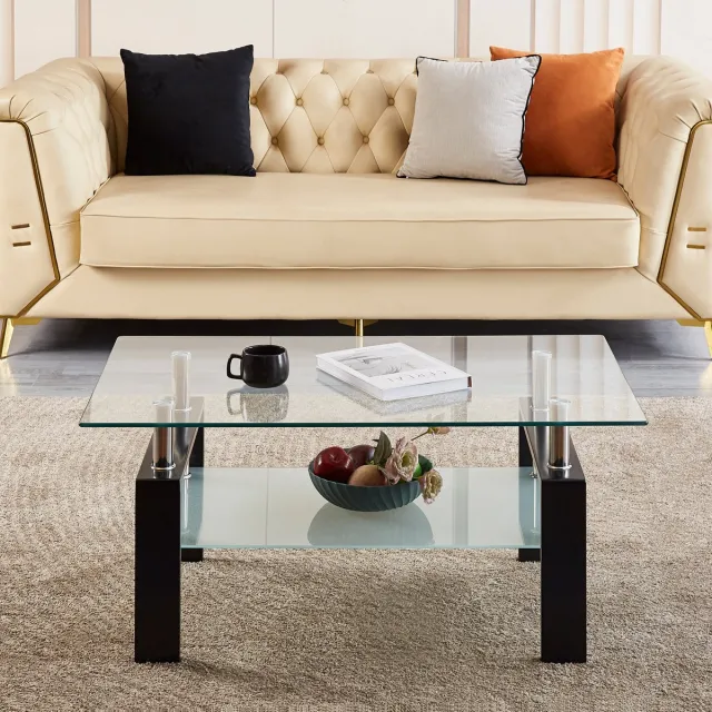 Wishdor Salontafel - Tweelaags Gehard Glas - Modern - Voor Woonkamer - Glas En Metaal - Transparant - 100 X 60 X 44 Cm Duidelijk