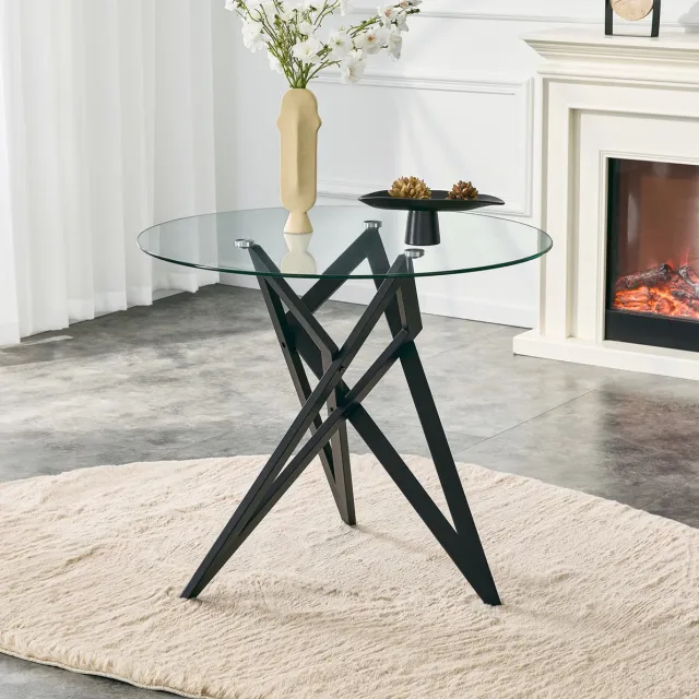 FloraGrace Salontafel - Ronde Glazen Tafel Met Geometrisch Metalen Onderstel - Modern Voor Woonkamer En Lounge - Glas - Zwart - 85 Cm