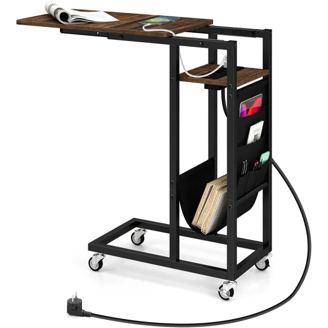 Costway Bijzettafel C-vormig met laadstation, banktafel met uittrekbaar tafelblad en zijvak, salontafel met wieltjes, koffietafel, industrieel voor woonkamer, slaapkamer (bruin)