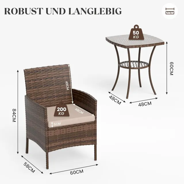 Laura 3-Delige Moderne Tuinmeubelset 2 Stoelen + Bijzettafel 60x58x84 cm – Comfortabele Balkon- & Terrasset | Ergonomisch Design, Weerbestendig Polyrotan & Roestvrij Stalen Frame – Laura Bruin
