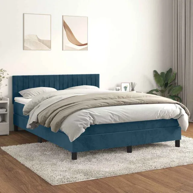 vidaXL Boxspring met matras fluweel donkerblauw 140x200 cm blauw