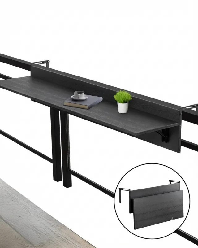 Stervia Hangende Balkontafel - Hangende Bijzettafel - Inklapbaar - Max. 22 Kg - Weerbestendig - Verstelbare Bevestiging - Zwart - 80 x 30 x 24 cm