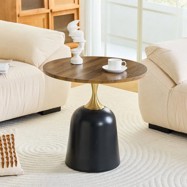 WUVRIE Ronde bijzettafel Ø 60 cm - Metalen onderstel en melamine blad - Walnootlook/zwart Walnootkleurig en zwart