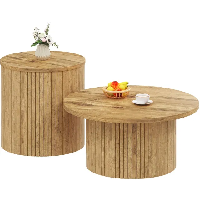 Clruro Salontafel - Set van 2 - Rond en Houten Latten - Dubbele Tafel Design - Hout - Naturel