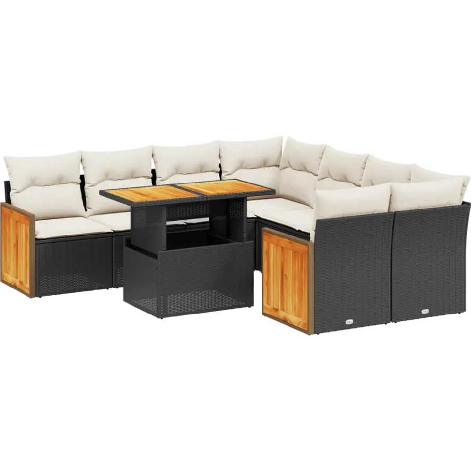 vidaXL 9-delige Loungeset met kussens poly rattan zwart