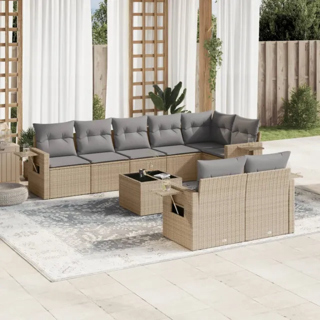 vidaXL 9-delige Loungeset met kussens poly rattan beige, foto 2