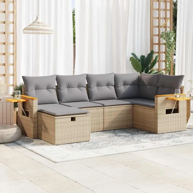 vidaXL 6-delige Loungeset met kussens poly rattan beige, foto 2