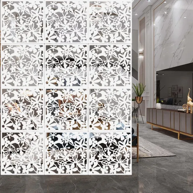 Whoopr® 24-delig Kamerscherm - Bloemen Patroon - Scheidingswand - Ruimteverdeler - Wandpanelen - Decoratie - Room Divider Screen - Woonkamer - Stevig & Flexibel - Duurzaam Kunststof - 24 stuks - Makkelijk Te Monteren - 40x40 cm per paneel - Dikte: 0.1 cm Wit (Bloemenpatroon)