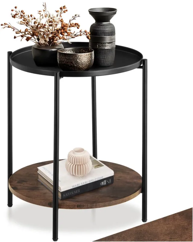 Tectake Ronde Bijzettafel van Metaal en Hout – Salontafel met 2 Niveaus, Uitneembaar Dienblad, Voor Woonkamer of Slaapkamer, Zwart Metalen Frame – Industrial Dark Brown Donkerbruin - Rustiek