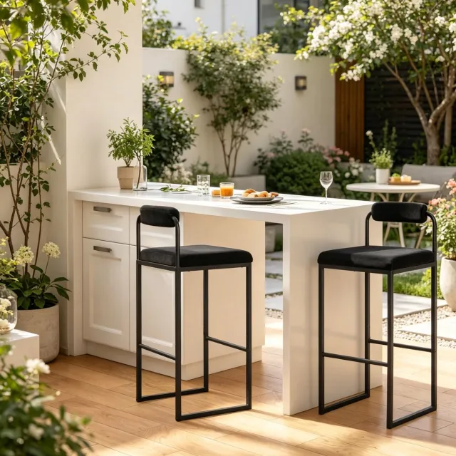 OKWISH Barkruk - 75 Cm Zithoogte Met Rugleuning - Set Van 2 Voor Keukeneiland En Bar - Fluwelen Zitting En Metalen Frame - Zwart