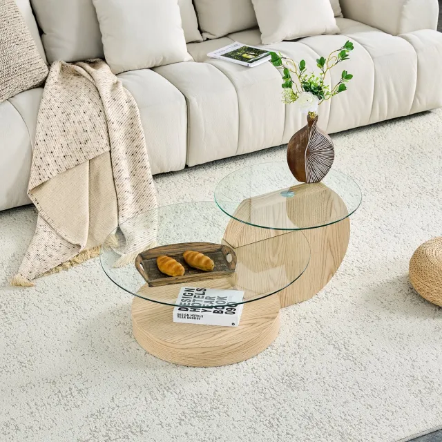 Clruro Salontafel - Ø50/70 cm - 2 Etages met Opbergruimte - Veiligheidsglas/MDF - Licht Houtlook