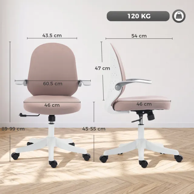MUVANO Roze ergonomische bureaustoel - bureaustoel met opklapbare armleuningen - draaibare werkstoel met kantelfunctie - 60,5 x 54 cm - thuiskantoor roze wit
