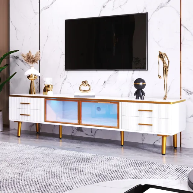Maisentiel TV-meubel met ledverlichting, 4 lades en 2 glazen deuren - wit/goudkleurig - 170 cm Wit, goud en bruin