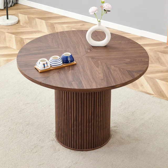 MIVRAY Eettafel - Ronde MDF Tafel Met Metalen Steun En Cilindrische Voet - Voor 4 Tot 6 Personen - Walnootkleur - 100 x 100 x 76 Cm