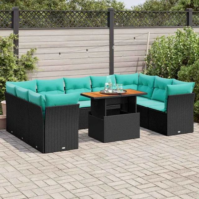 vidaXL 10-delige Loungeset met kussens poly rattan zwart, foto 2