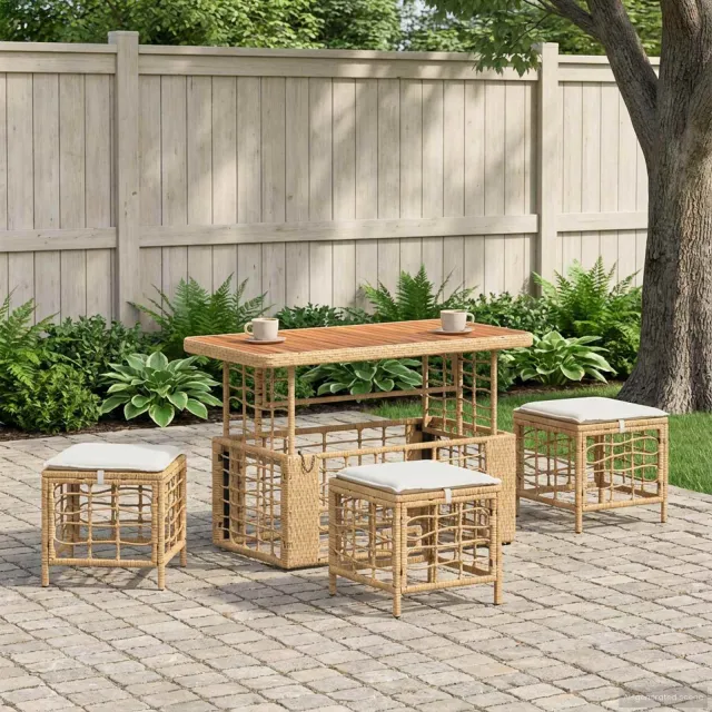vidaXL Tuin eettafelset 4 st Natuur en Wit Poly Riet en Acaciahout Beige
