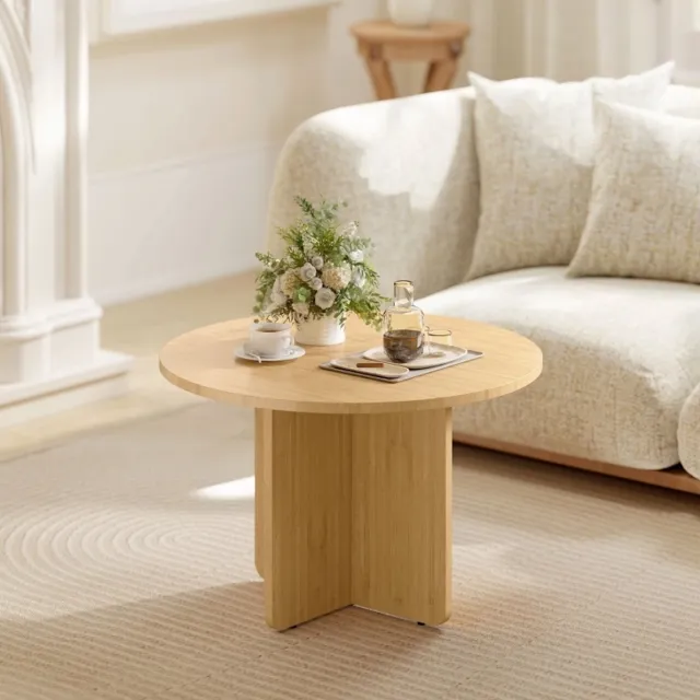 MEUNIQ ronde salontafel 66 x 66 x 45 cm van bamboe met kruisvoet, gelakt tafelblad, woonkamer tafel in naturel houtkleur