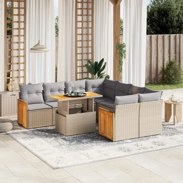 vidaXL 9-delige Loungeset met kussens poly rattan beige, foto 2