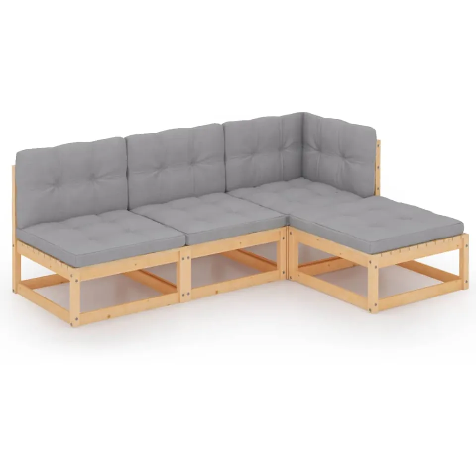 vidaXL 4-delige Loungeset met kussens massief grenenhout grijs, foto 3
