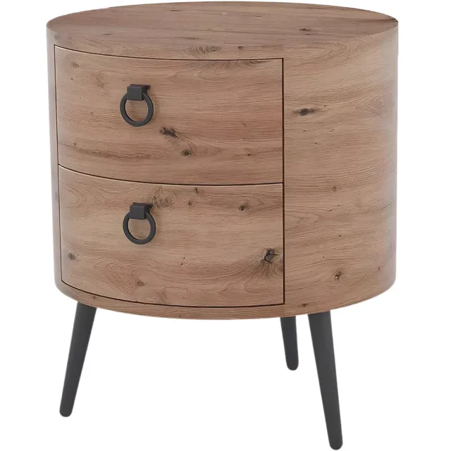Happiq Ronde Bijzettafel - Voor woonkamer en slaapkamer - Met laden en houten accent - Metalen poten / Rond - Natural Natural Yellow