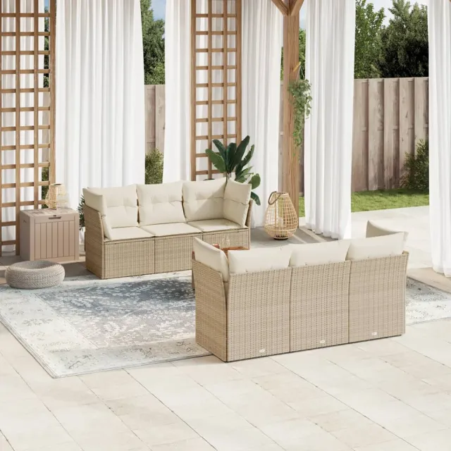 vidaXL 7-delige Loungeset met kussens poly rattan beige, foto 2