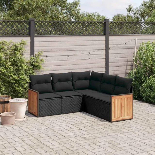 vidaXL 5-delige Loungeset met kussens poly rattan zwart, foto 2