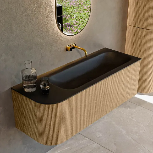 Mondiaz KURVE 125 cm Onderkast Greeploos 1 Lade Met Deuren Oak, Wastafel Solid Surface Rechts Urban 0 Kraangaten Zonder Spiegel (KRVBGM125L1L1D0KR-Oak/Urb)