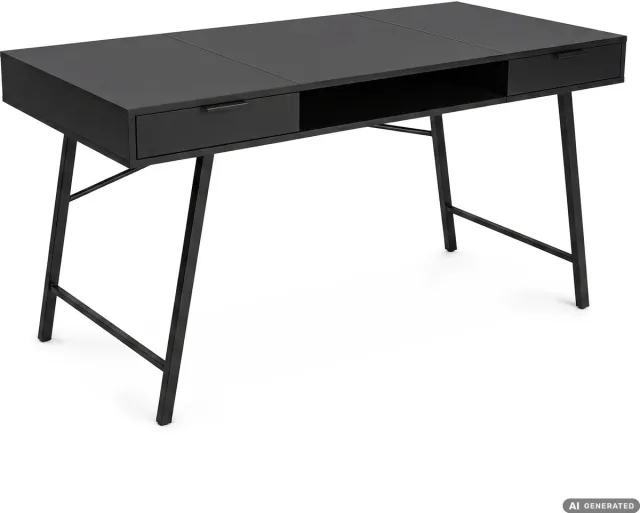 Akord Computertafel Bureau ARDEN / Industrieel / Zwart / 120 cm / 2 Lades / 1 Plank / Zwarte Poten