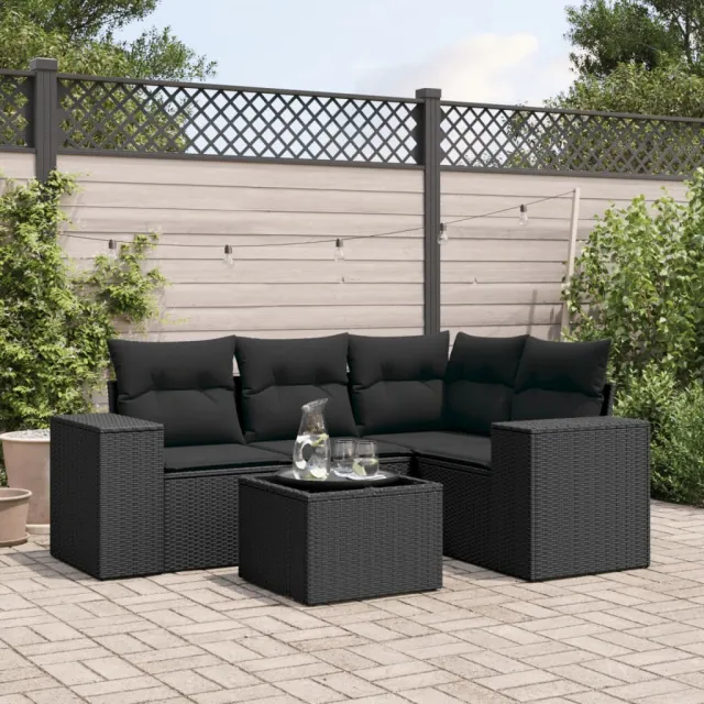 vidaXL 5-delige Loungeset met kussens poly rattan zwart, foto 2