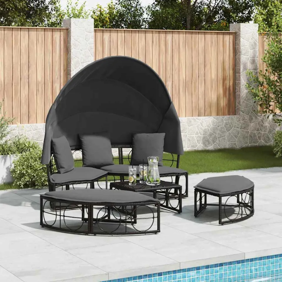 vidaXL Loungebed met luifel en kussens poly rattan zwart, foto 2