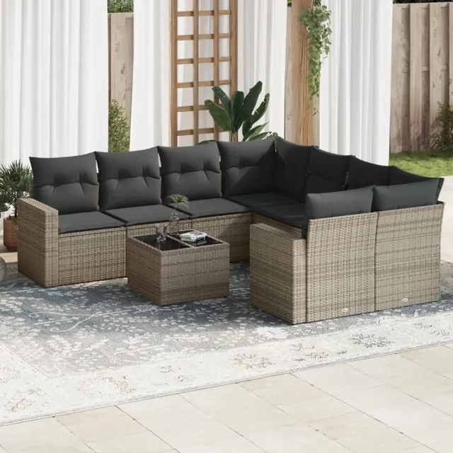 vidaXL 9-delige Loungeset met kussens poly rattan grijs, foto 2