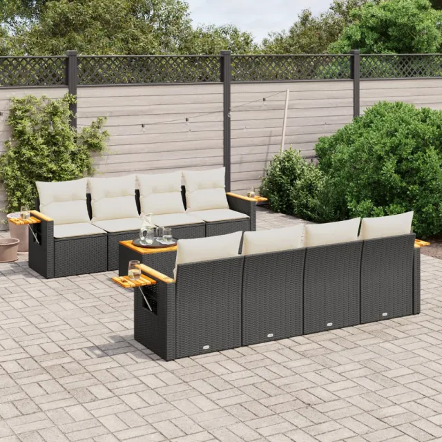 vidaXL 9-delige Loungeset met kussens poly rattan zwart, foto 2