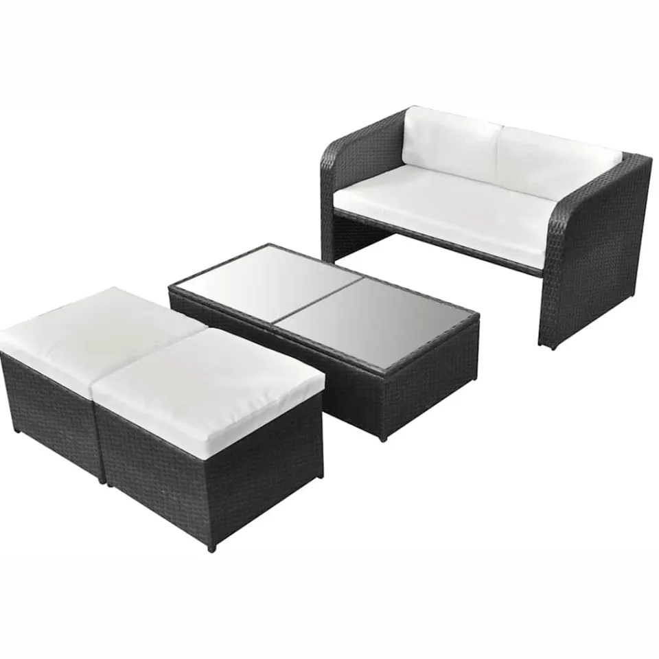 vidaXL 4-delige Loungeset met kussens poly rattan zwart, foto 2