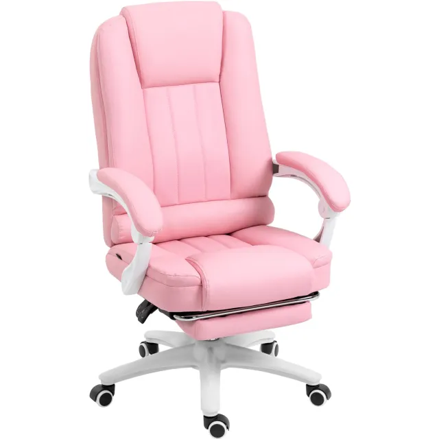 Vinona Bureaustoel - Met voetensteun - Rugleuning verstelbaar tot 135° - In hoogte verstelbaar - Kunstleer - 65 x 68 x 107-116 cm - Roze/Wit Multi