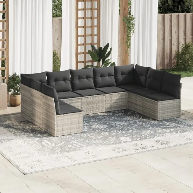 vidaXL 9-delige Loungeset met kussens poly rattan lichtgrijs grijs, foto 2