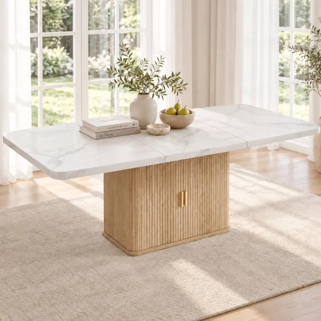 COVREO Uitschuifbare eettafel met kast – 150/200x90x75 cm – Eetkamertafel 6-8 personen – MDF marmerlook – Wit/eikenkleur
