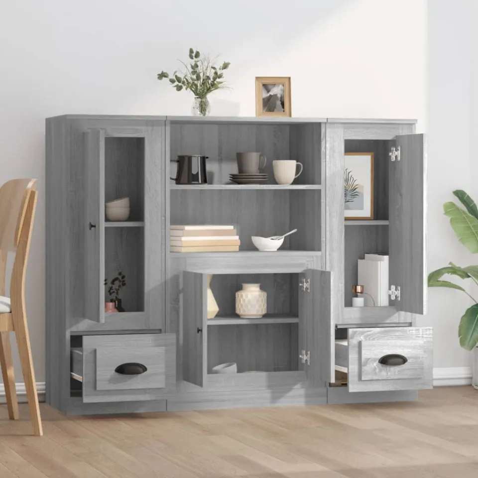 vidaXL Hoge kasten 3 st bewerkt hout grijs sonoma eikenkleurig, foto 3