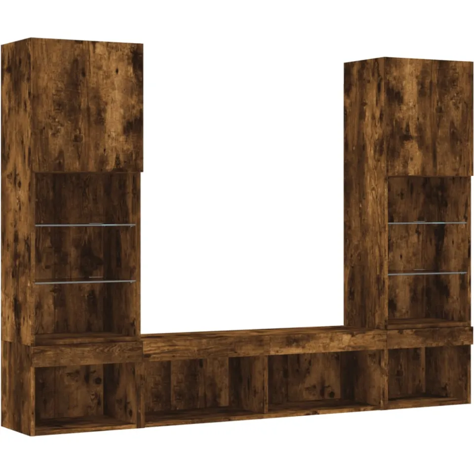 vidaXL 5-delige tv-wandmeubelset met LED bewerkt hout gerookt eiken Bruin