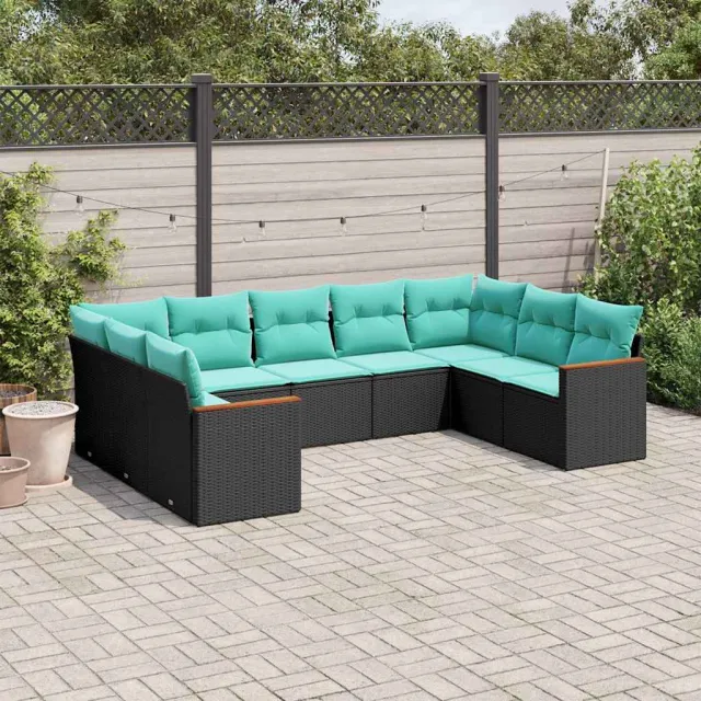 vidaXL 9-delige tuinbankset met kussens van zwart polyrotan, foto 2