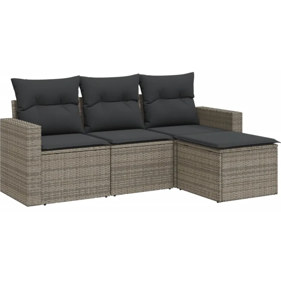 vidaXL 4-delige Loungeset met kussens poly rattan grijs, foto 3