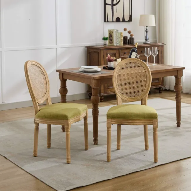 WUVRIE Set van 2 eetkamerstoelen - Rotan rugleuning en stoffen zitting - Olijfgroen