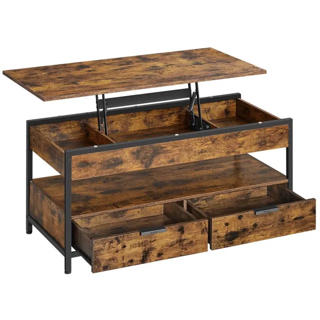 FurnStar Lift-Top Salontafel met Lades en Opbergvakken – Verstelbaar Blad – Industrieel – Rustiek Bruin/Zwart