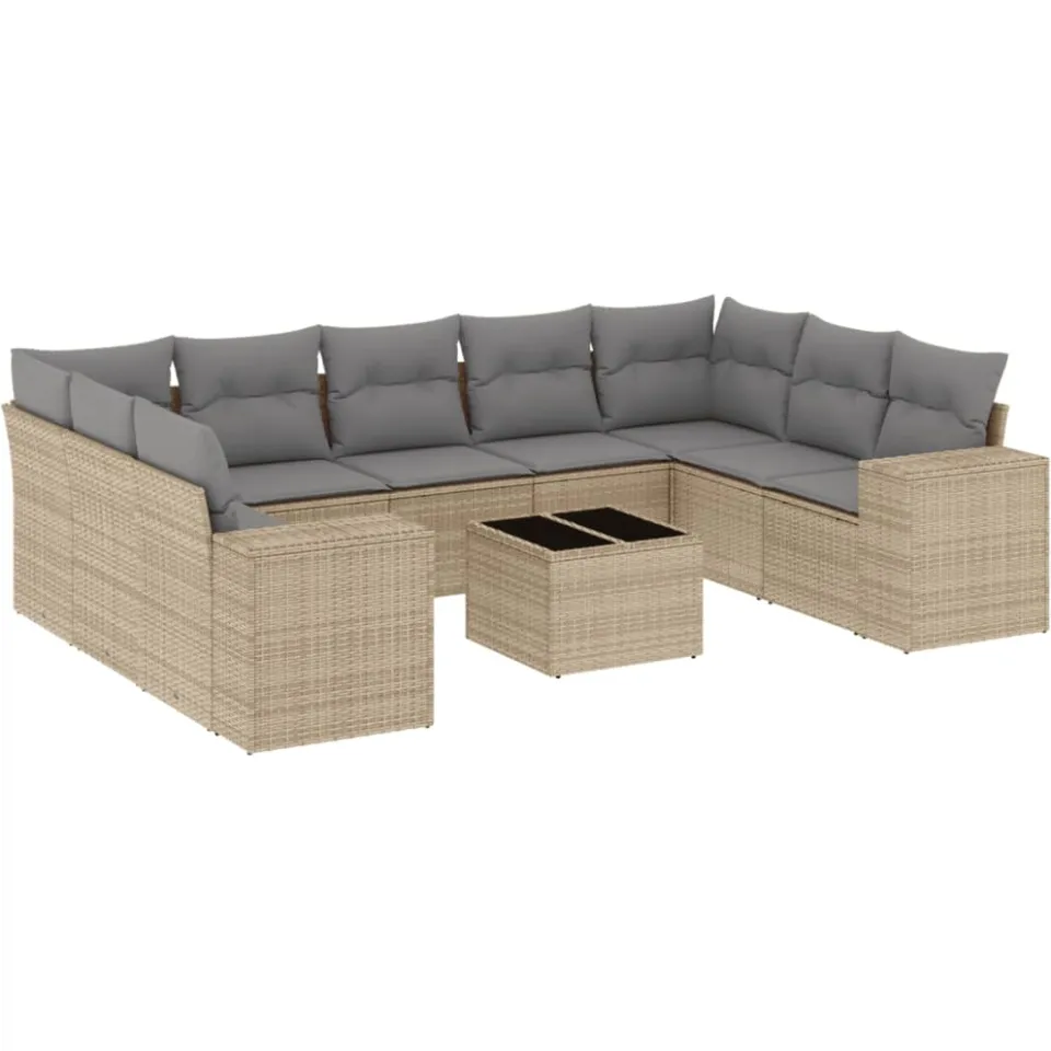 vidaXL 10-delige Loungeset met kussens poly rattan beige, foto 3